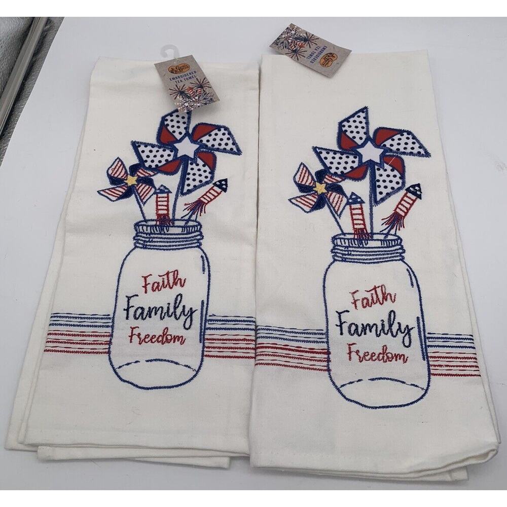 Cracker Barrel Faith Family Freedom EMBROIDERED Cotton Towels Set 2 New